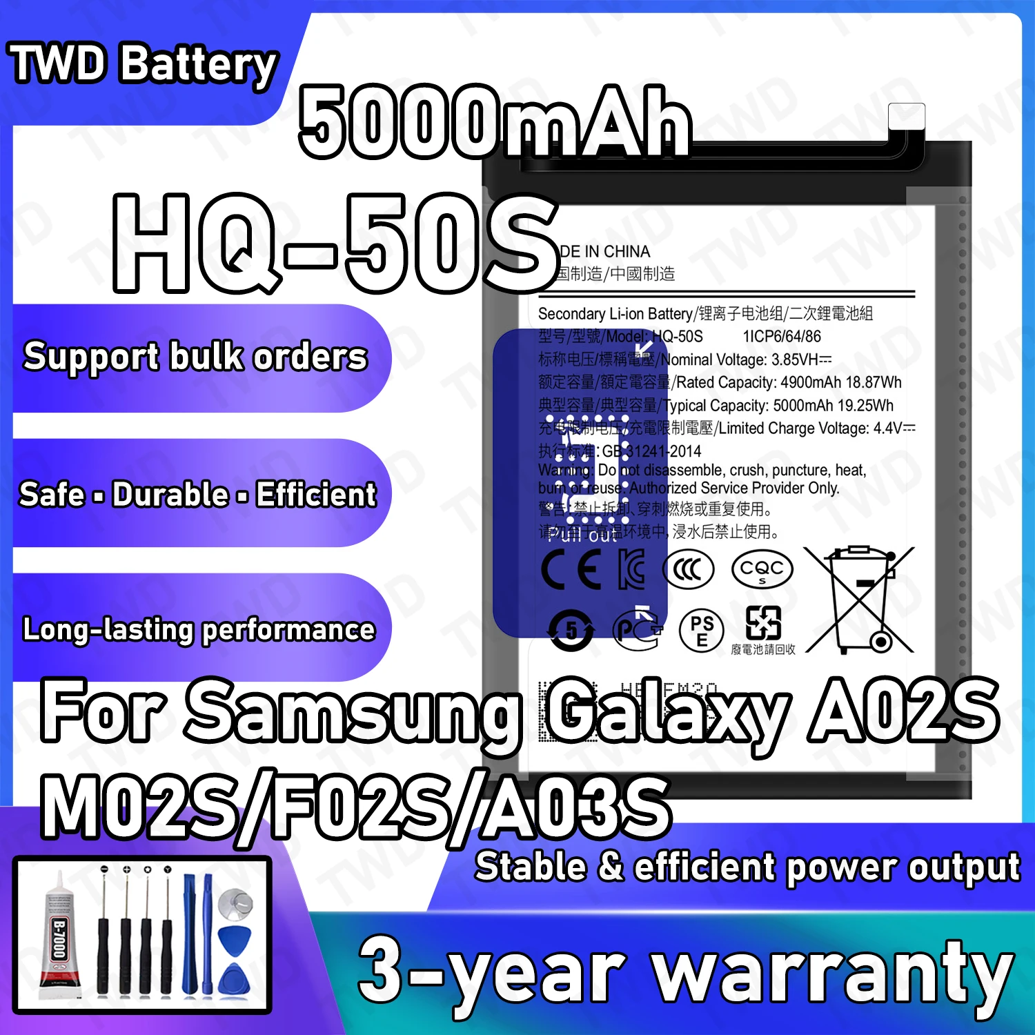 

HQ-50S Large capacity Battery For Samsung Galaxy AO2S/M02S/F02S/A03S Batteries New High Quanlity+Free Tools