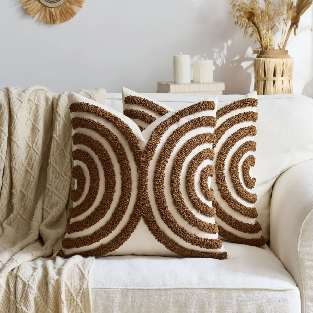 

Beige Decoration Cushion Cover Tufted Tassles Diamond Half Circle Boho Style Pillow Case for Sofa Couch Chair Bed 45x45cm