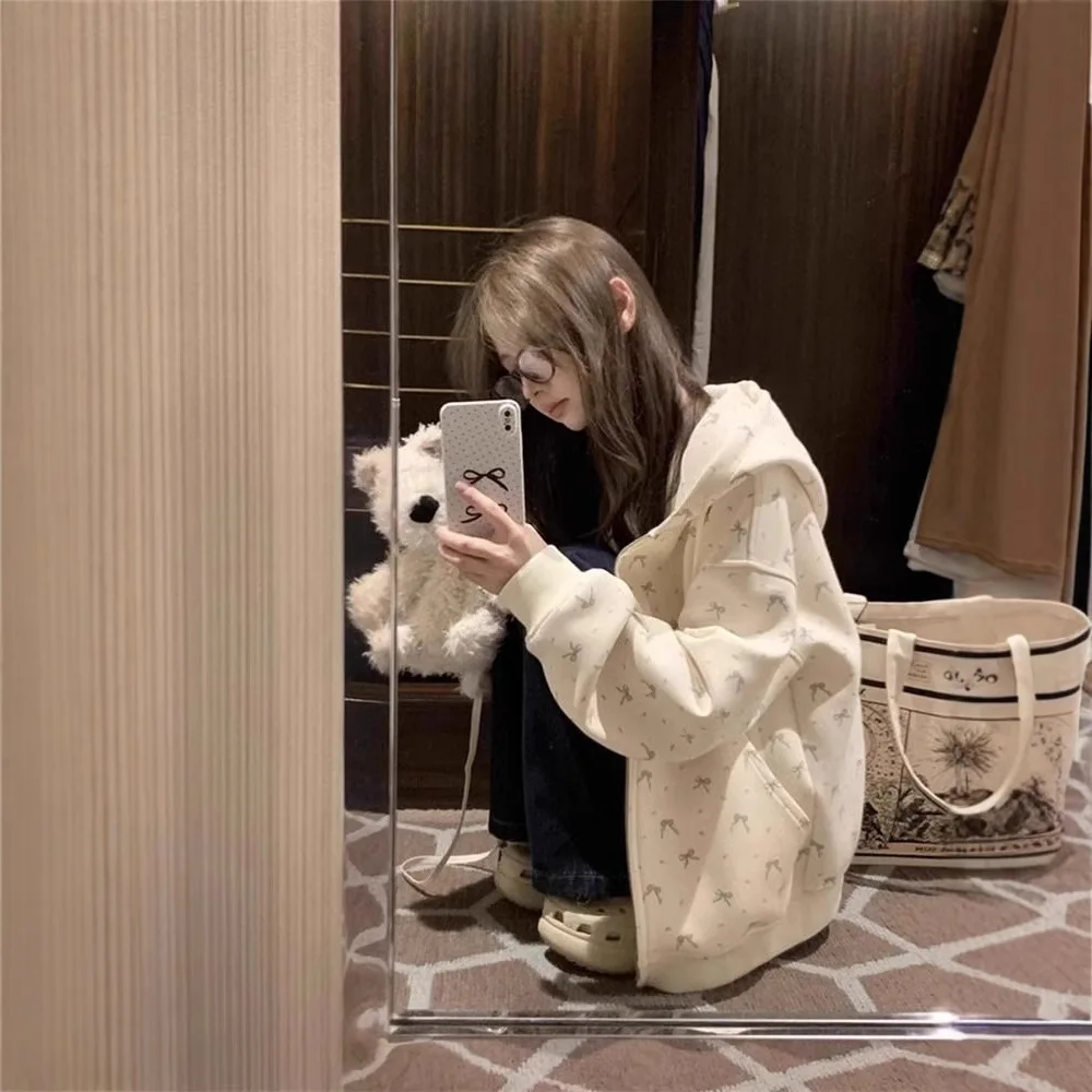 

Толстовка с капюшоном и цветочным принтом, куртка для женской одежды, осень 2024, кардиган на молнии, свободный повседневный стиль колледжа, осень и зима