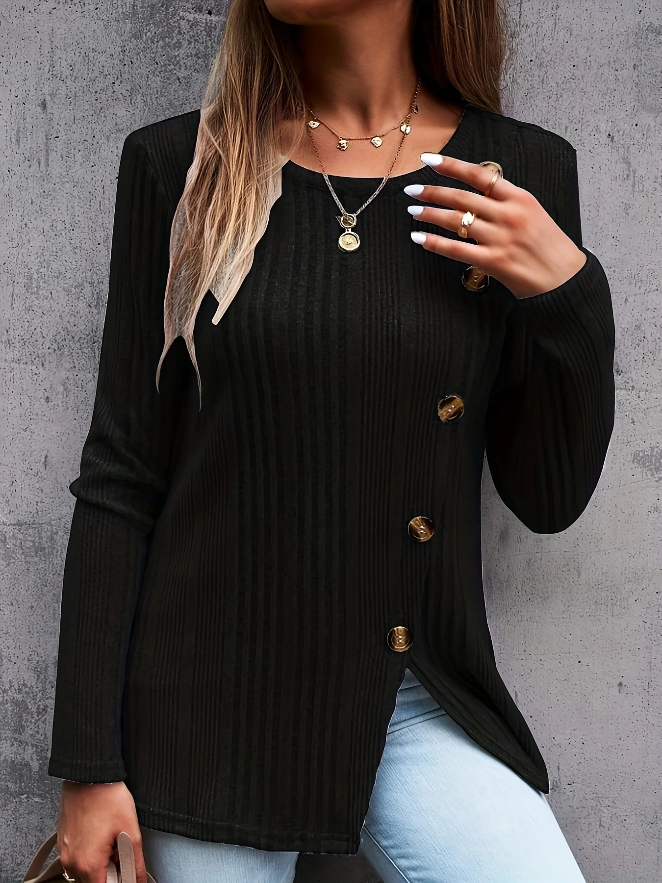Plus Size Women Ribbed Knit Top, Elastic Long Sleeve Round Neck Tunic with Decorative Buttons Casual Ladies Blouse image 4