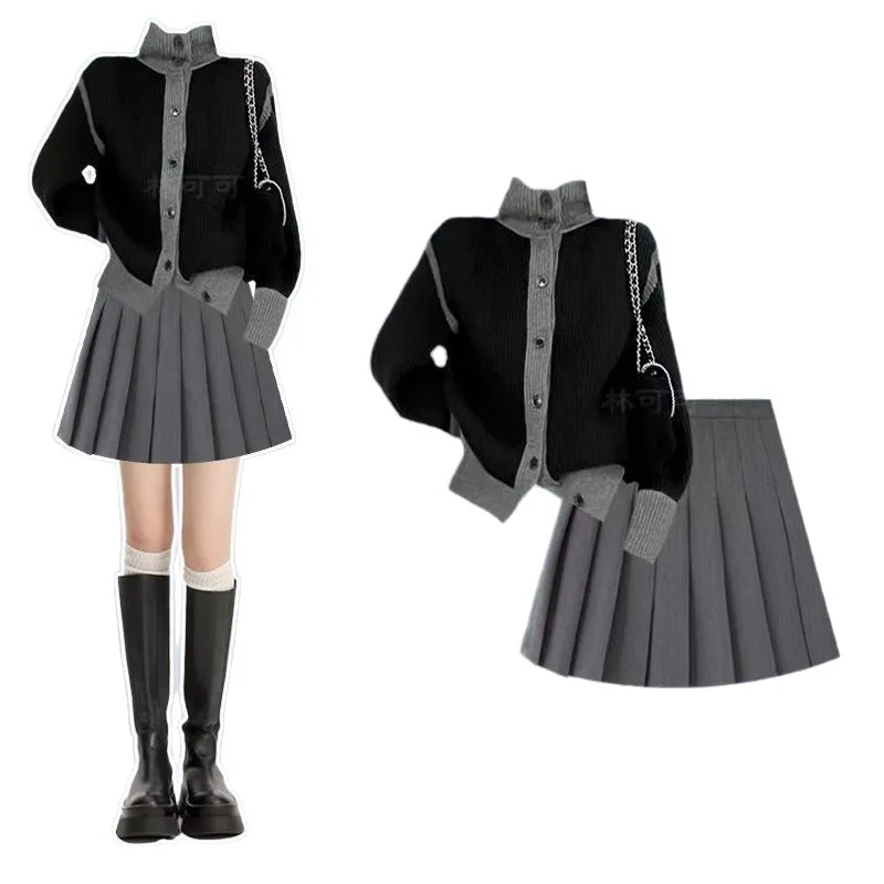 

Модный женский комплект, корейский элитный повседневный комплект, свитер с длинными рукавами + универсальная утягивающая короткая юбка, комплект из двух предметов