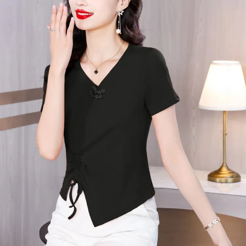 New Summer Women\'s Solid Colors V-Neck Short Sleeve Loose Thin Irregular Pullovers Drawstring Chic Comfortable All-match Tops