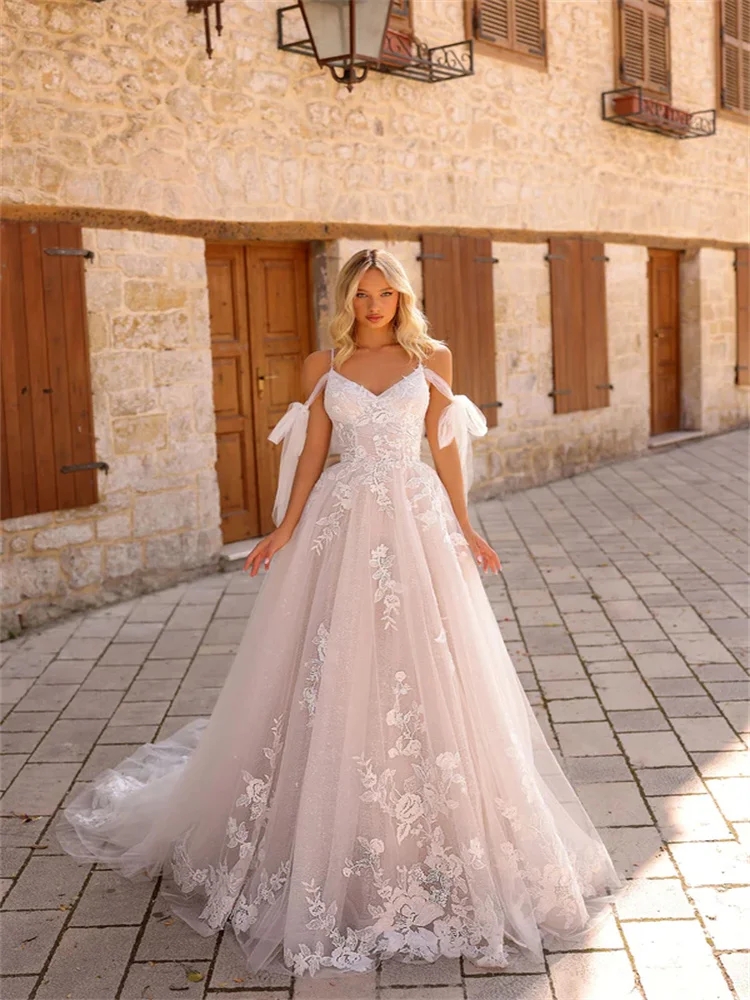 

New Arrival A-Line Off The Shoulder Neck Appliques Bodice Tulle Wedding Dress Elegant Back Zipper Chapel Train Gowns For Bride