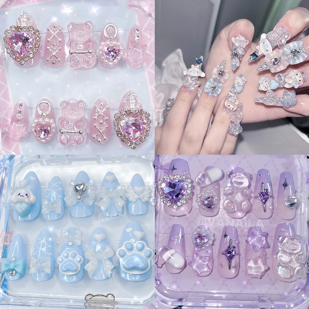 

10Pcs 3D Cartoon Kawaii Sanrio My Melody Press On Nails Sweet Cool Style Bear Capsule Rhinestone Reusable Fake Nails Gifts