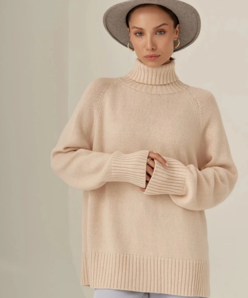 Camisola de gola alta feminina outono grosso quente pulôver topos novo inverno oversized