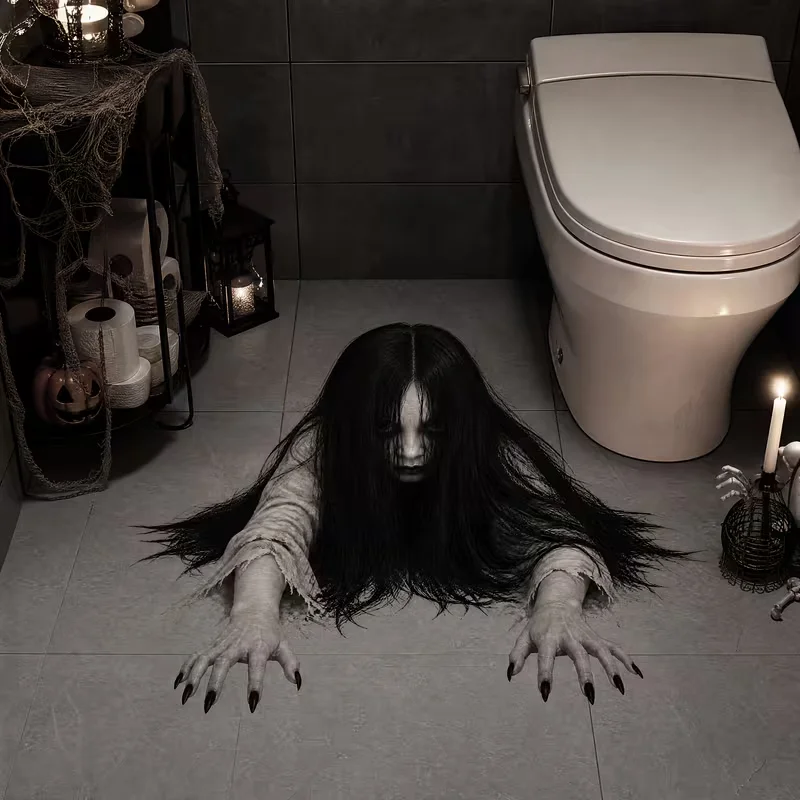 Halloween-Grusel-Bodenaufkleber und Wandaufkleber mit langhaarigem weiblichem Geist, furchteinflößiger kriechender Geist im Sadako-Stil – Detail 3