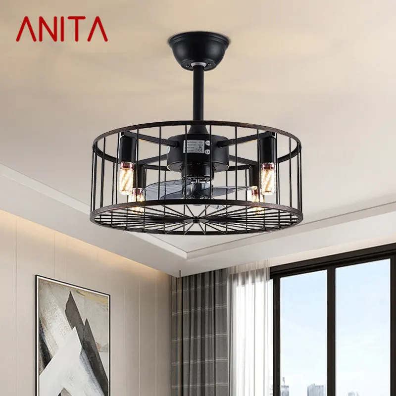 

ANITA American Ceiling Fans Lights Black LED Lamp With Remote Control for Home Bedroom Dining Room Loft Retro