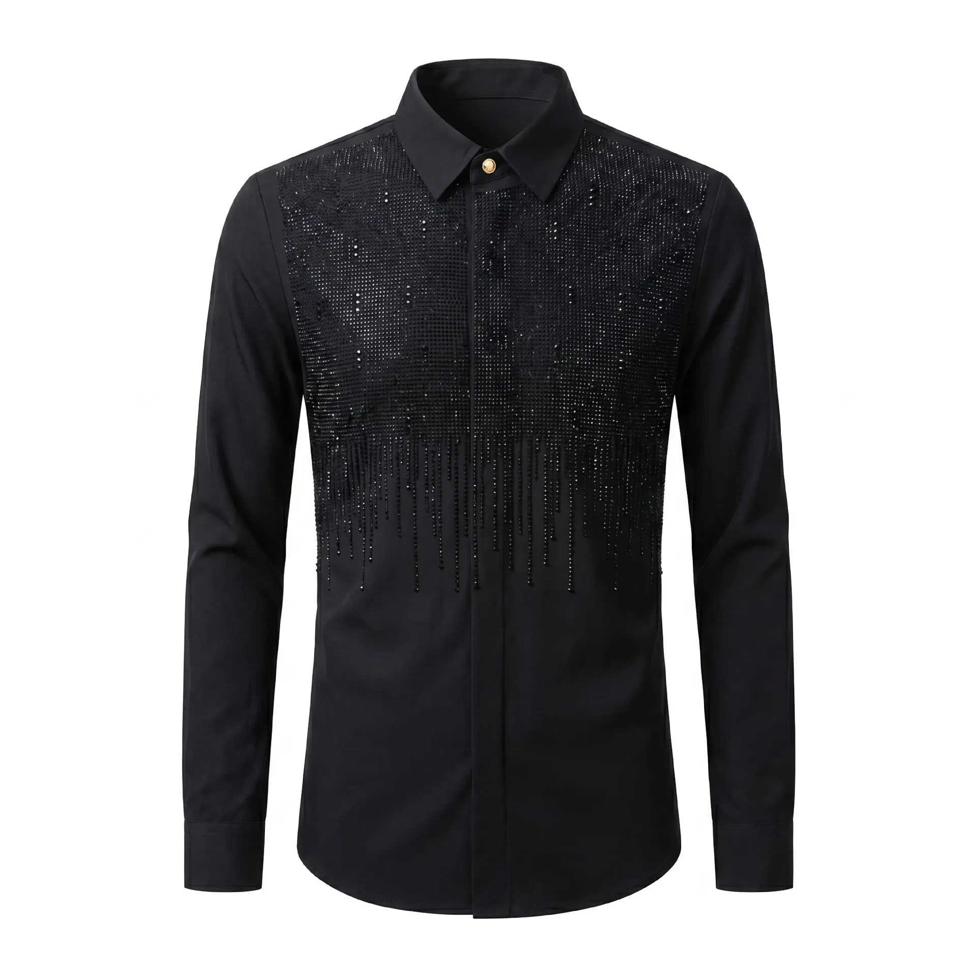 Tassel Rhinestone Shirt for Men Long Sleeve Slim Casual Business Formal Dress Shirt Party Banquet Stage Performance Costumes