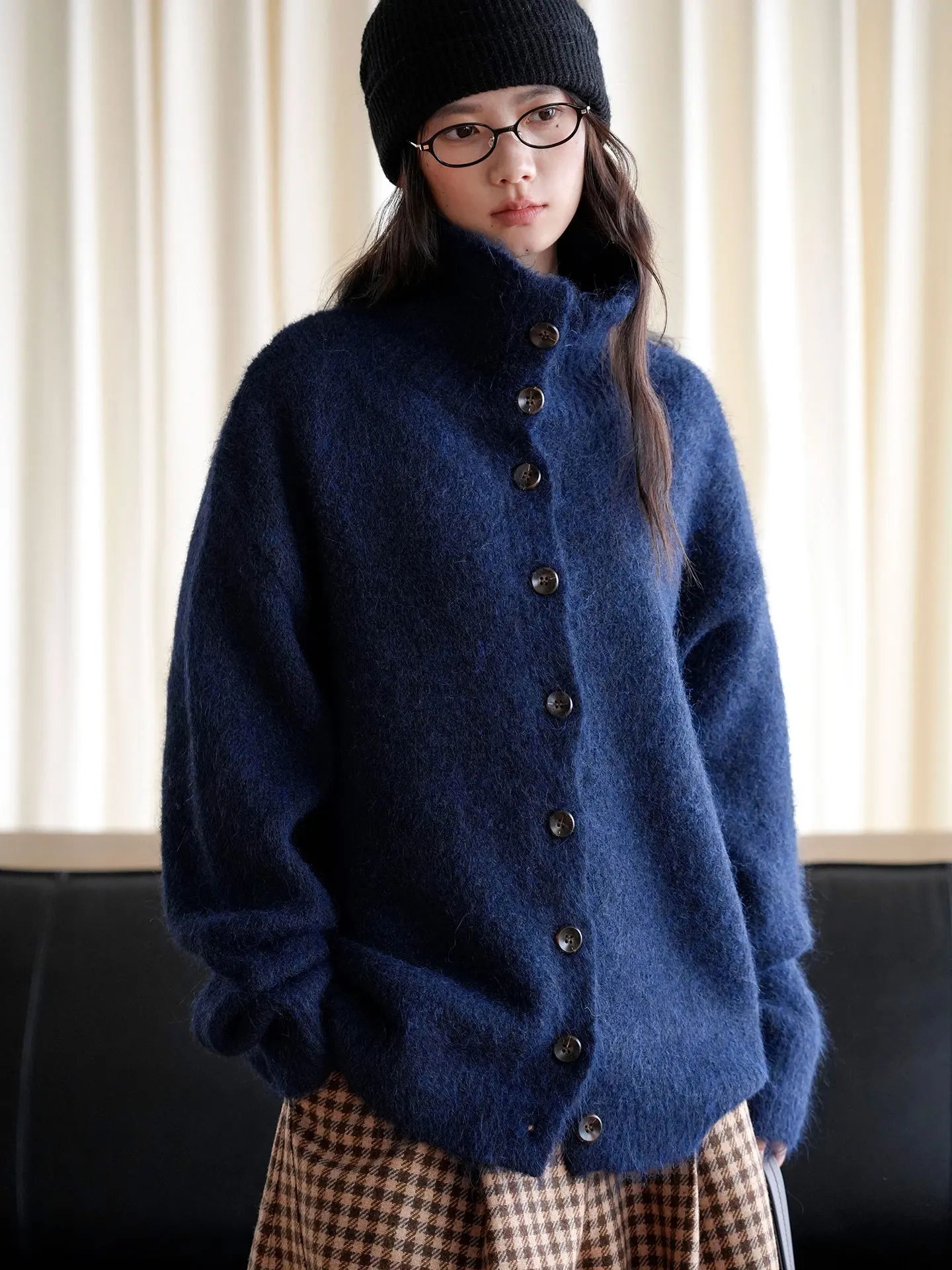 Autumn and winter new Japanese style lazy high collar button down cotton wool sweater warm jacket for women