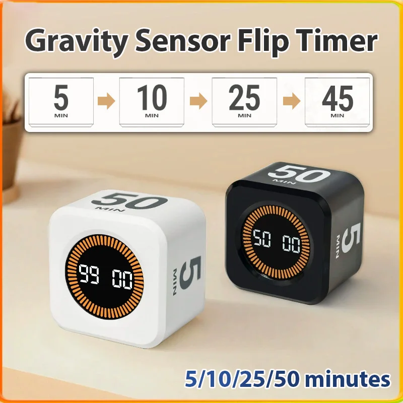 Productivity Cube Timer 5/25/10/50 Minutes Preset Digital Gravity Sensor Flipping LED Display Visual Timer for Study,Kitchen