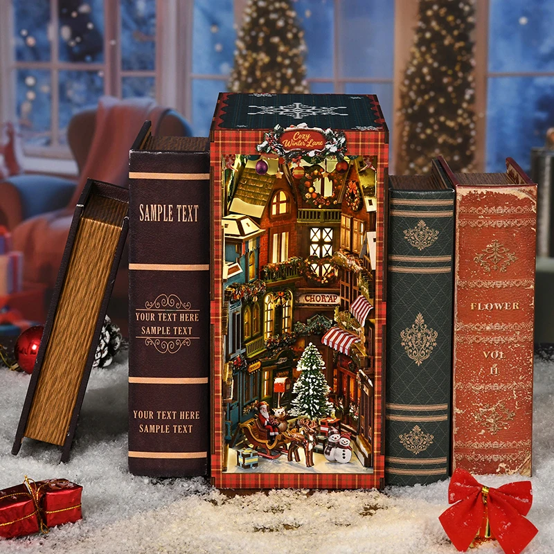 NUOVO libro fai da te Nook kit modello in miniatura in legno fermalibri ad angolo di strada di Natale puzzle 3D con libreria leggera per regali di amici