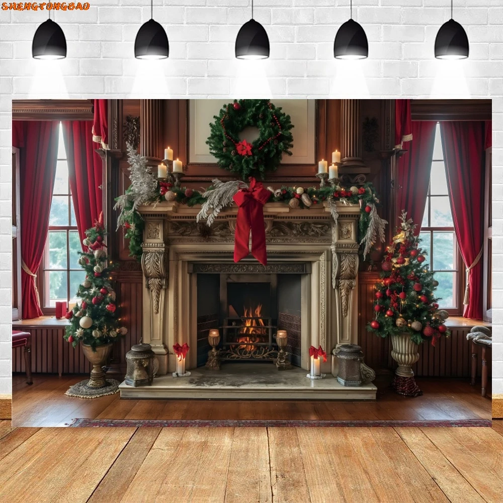 AI Christmas Tree Window Backdrop Gifts Wreath Baby Kids Portrait Xmas Party Photography Background Decor Photo Studio Props