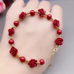 925 Silver Red Cinnabar Rose Bracelet Beads Diy Bracelet Designer Gift Jewelry Luxury Energy Vintage Bangle Amulet Customized