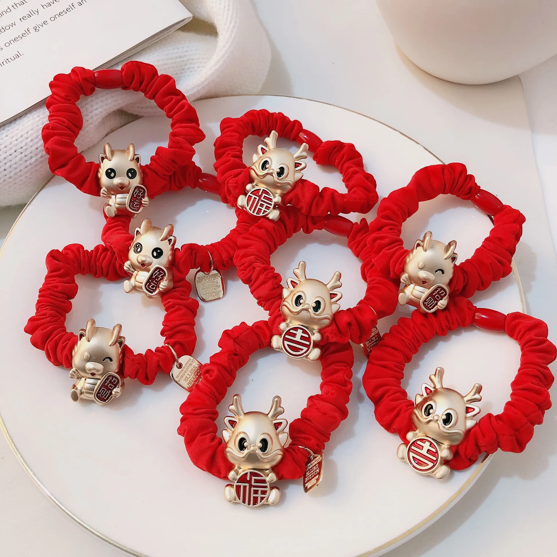 Dragon Year Mascot Red Headband Women 2024 New Year Rubber Band Hair Rope Girls Festive Hair Ring Headdress Lucky Hair Accessory