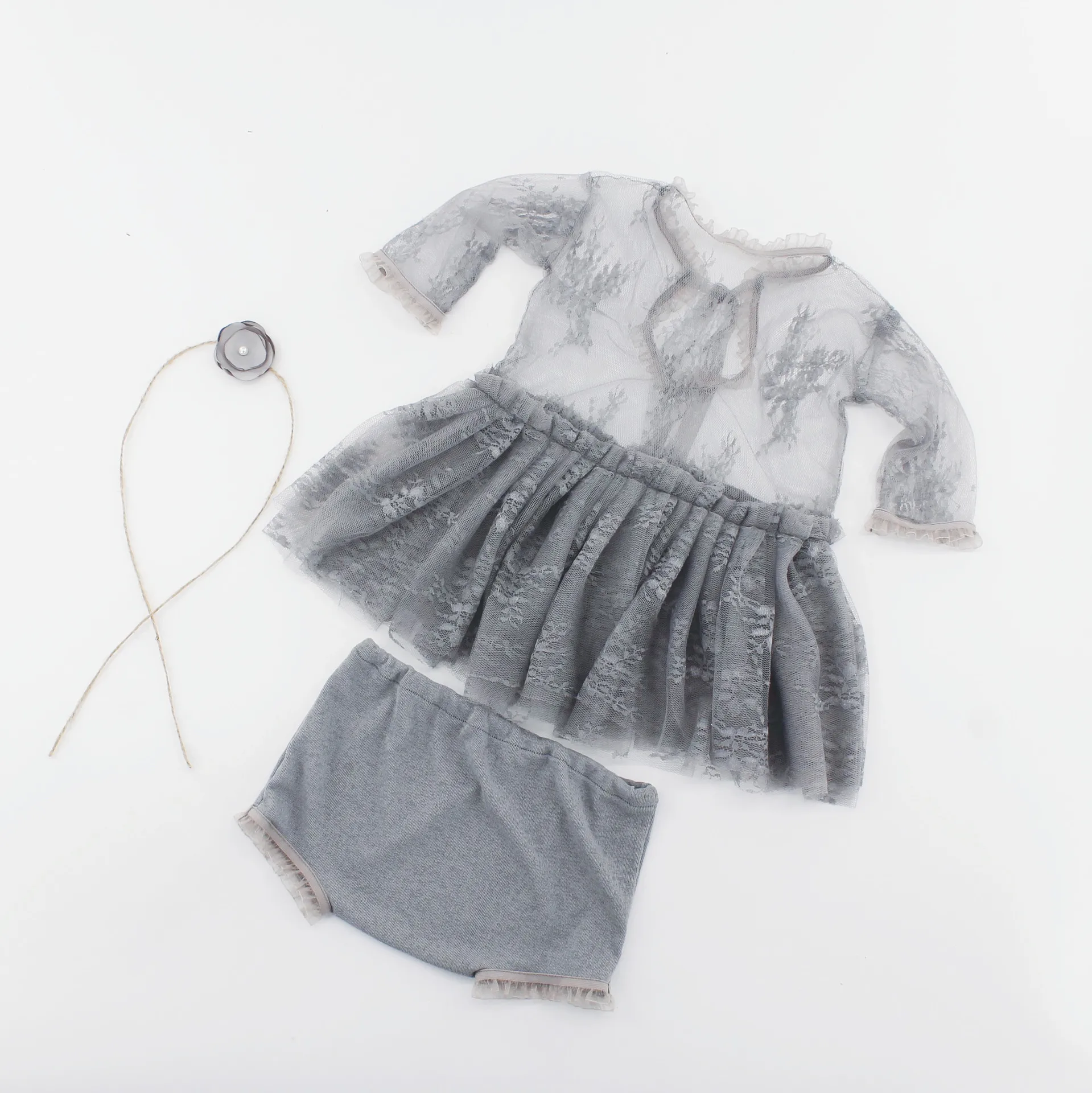 Newborn  Photography  Girls Outfits  Free Shipping 0-3 Month Baby Clothes Lace Romper Set Grey  Dress Headdress Shorts 2022