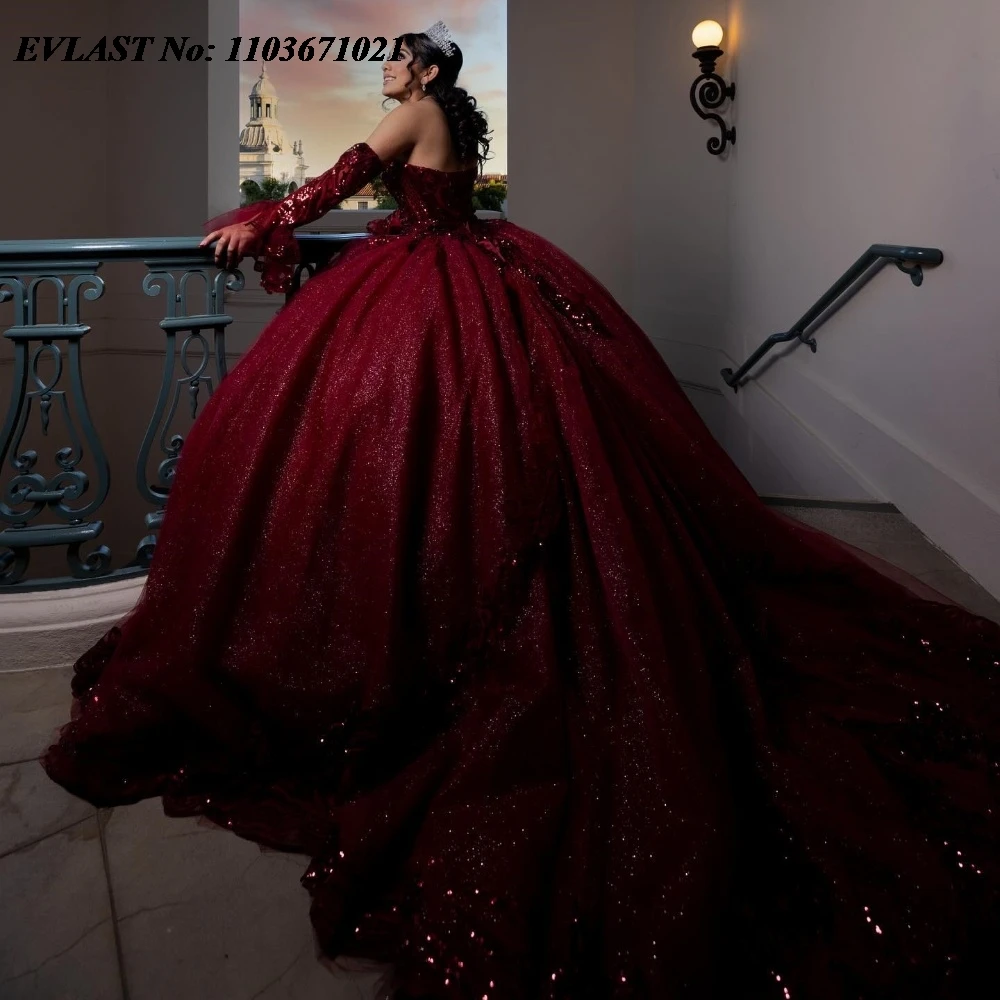 EVLAST Customized Burgundy Quinceanera Dress Ball Gown Off Shoulder Shiny Applique Beading Sweet 16 Vestidos De 15 Anos SQ779