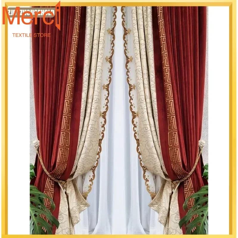 Embroidery Curtains For Living Dining Room Bedroom Light Luxury Modern American Vintage Red Velvet Blocking Patchwork Customize