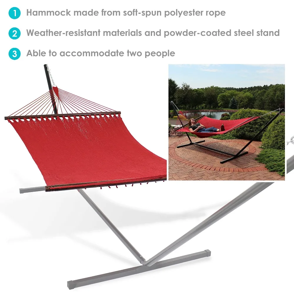 Sunnydaze XL Caribbean Rope 2-Person Hammock and Stand Combo, Red