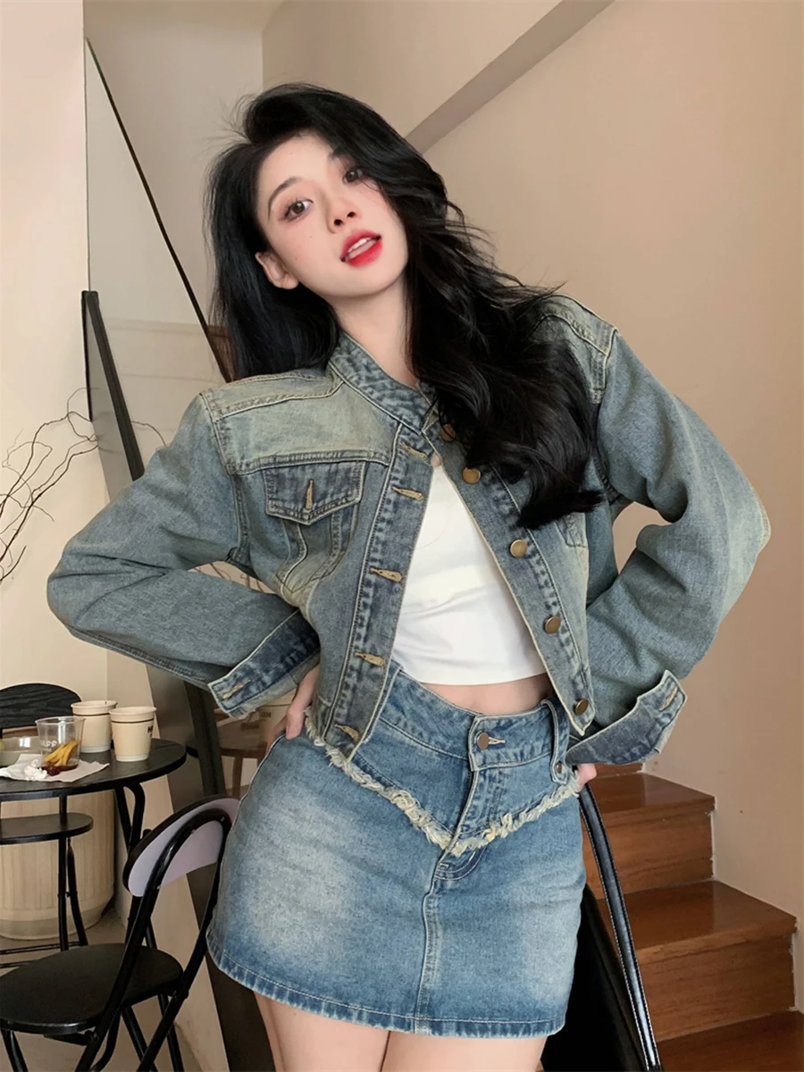 

Denim Coat Gold Zipper Womens Winter Plush Puffer Thicker Cropped Functional Four-Pocket Fleece-Lined Steampunk Long-Sleeved Y2K