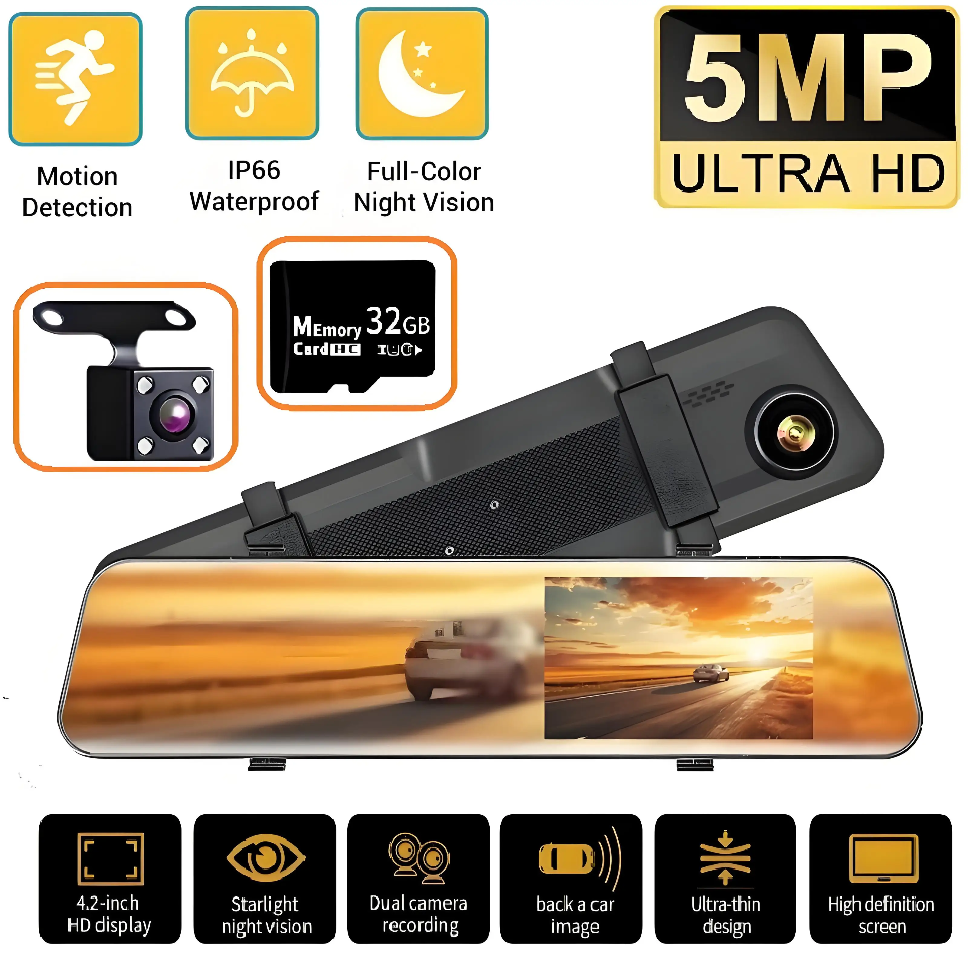 

Dash Cam Car 5MP Optional Dual Lens HD Night Vision DVR Rearview 12In Mirror Dash Camera Video Recorder Auto Wide-angle Camera