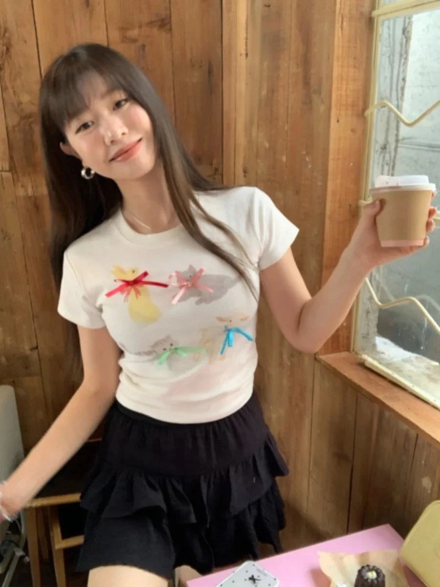 

Graphic Cartoon Ribbon Bow Bodycon T-Shirt Cropped T Shirts Crop Top #korean y2k cloth e-girl fairycore 2000s grunge aesthetic