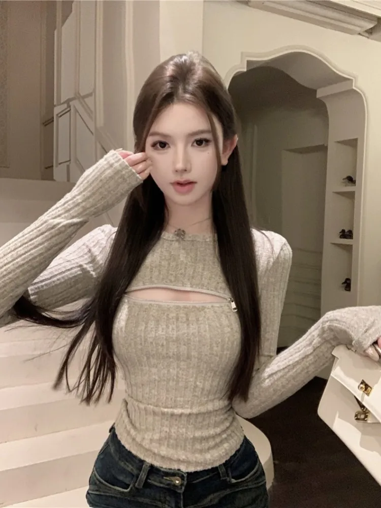 

Spicy Girl Pure Desire round Neck Knitted Long Sleeve Base Shirt Women's Autumn Design Sense Small Crowd Zipper Hollow out Sl...