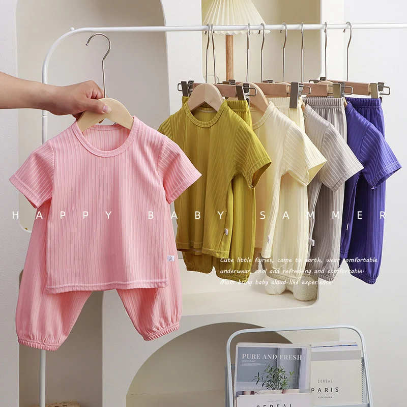 New Girls Summer Sets Kids Cool Short Sleeves Suits Children Solid Colour Casual Clothing Boy Fashion Tops+Flared Pants 2Pcs