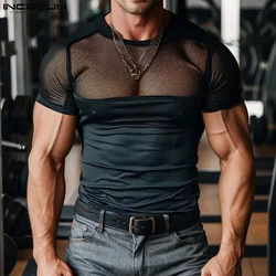 2024 Men T Shirt Mesh Patchwork O-neck Short Sleeve Sexy Men Clothing Summer Transparent Fashion Party Camisetas S-5XL INCERUN