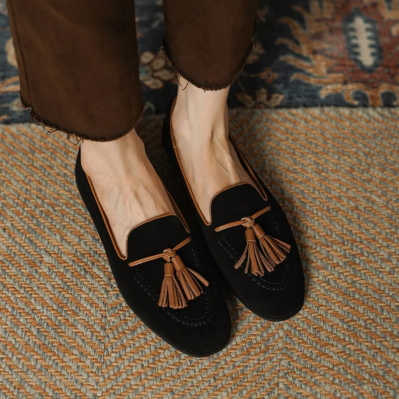 Round Toe Loafers Women Tassels Flats Slip On Simple Flat Shoes Sheepsuede Lady Mules Spring Autumn Women Fringe Flats