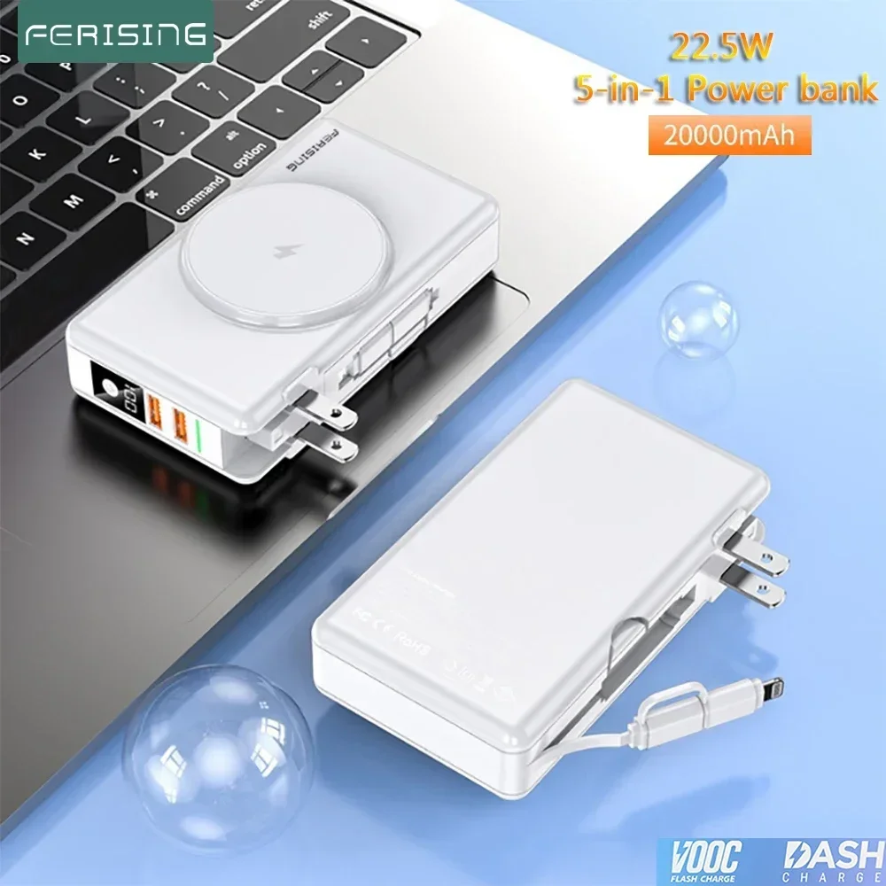 FERISING-Wireless Magsafe Fast Charger, Magnetic Power Bank, Portable Battery Powerbank, 5in 1, 5A, 22.5W, VOOC