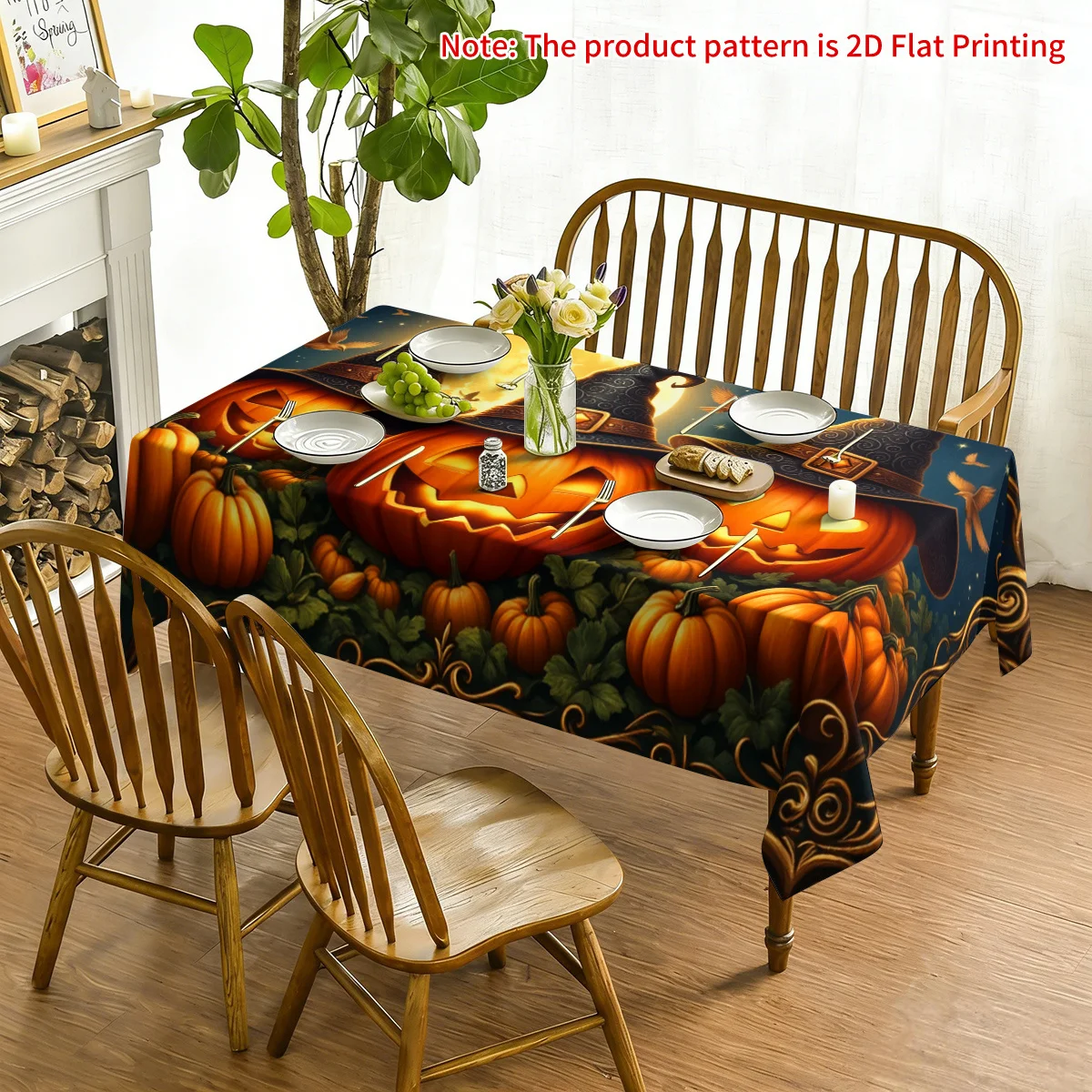 2D planar / 1pc rectangular polyester tablecloth, featuring pumpkin full moon flying patternzyc