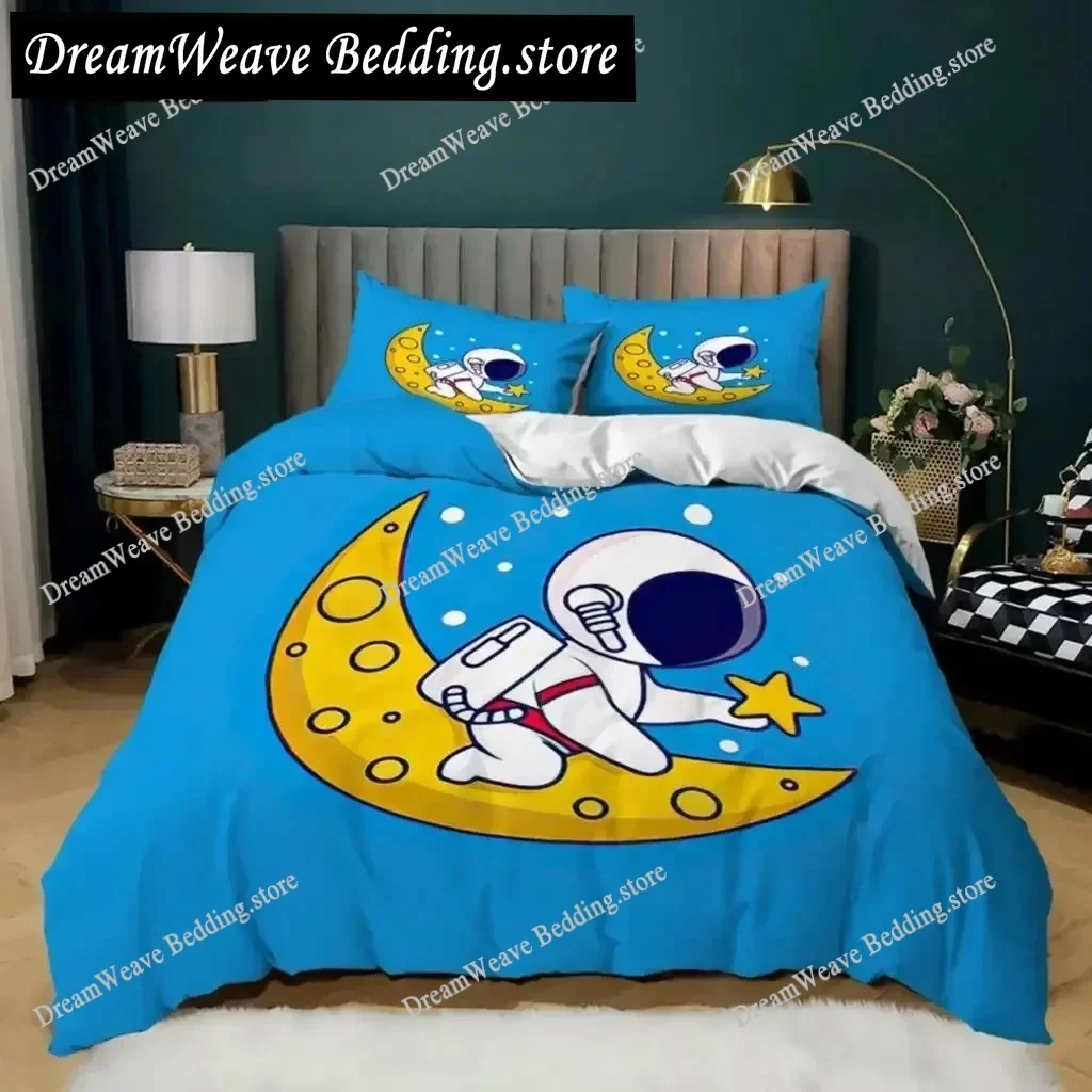 

3D Print Astronaut Duvet Cover Set King Cartoon Astronaut Star Moon Bedding Set Microfiber Space Theme Full Twin Quilt Cover