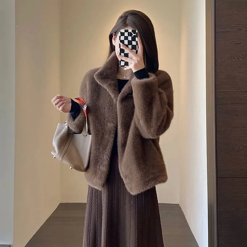 Nertsenbont Eendelige opstaande kraag bontjas voor jonge vrouwen Nertsen kort 2025, wintervrouw effen kleur Milieuvriendelijke losse bontjas