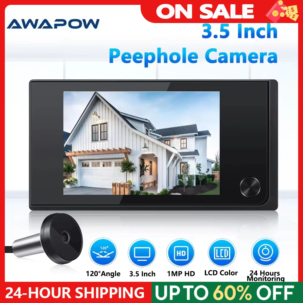 Awapow 3,5-calowy wizjer do dzwonka do drzwi Cyfrowa kamera do drzwi 120 °   Monitor zewnętrzny LCD o rozdzielczości 2 milionów pikseli HD z dzwonkiem do drzwi Cat Eye