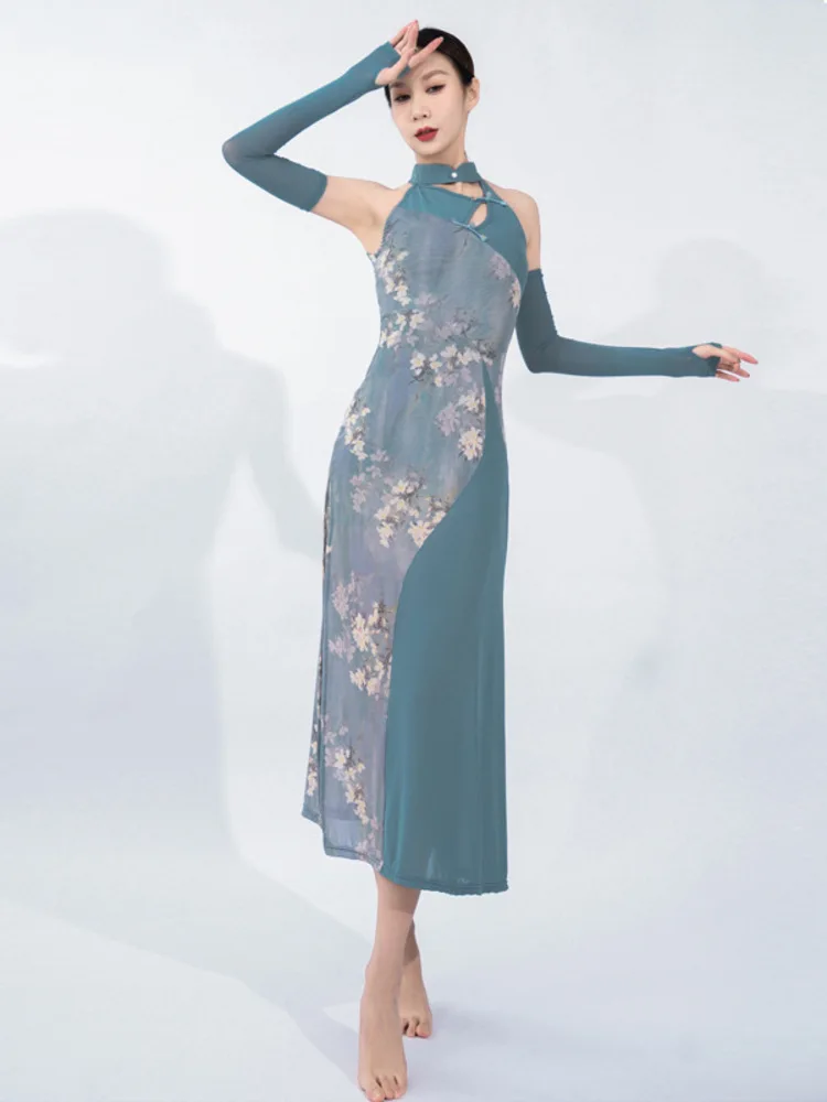 Sleeveless Classical Dance Dress for Women – Slim Mesh Patchwork Gown with Side Slit for Stage Performance Latin Adult Cheongsam