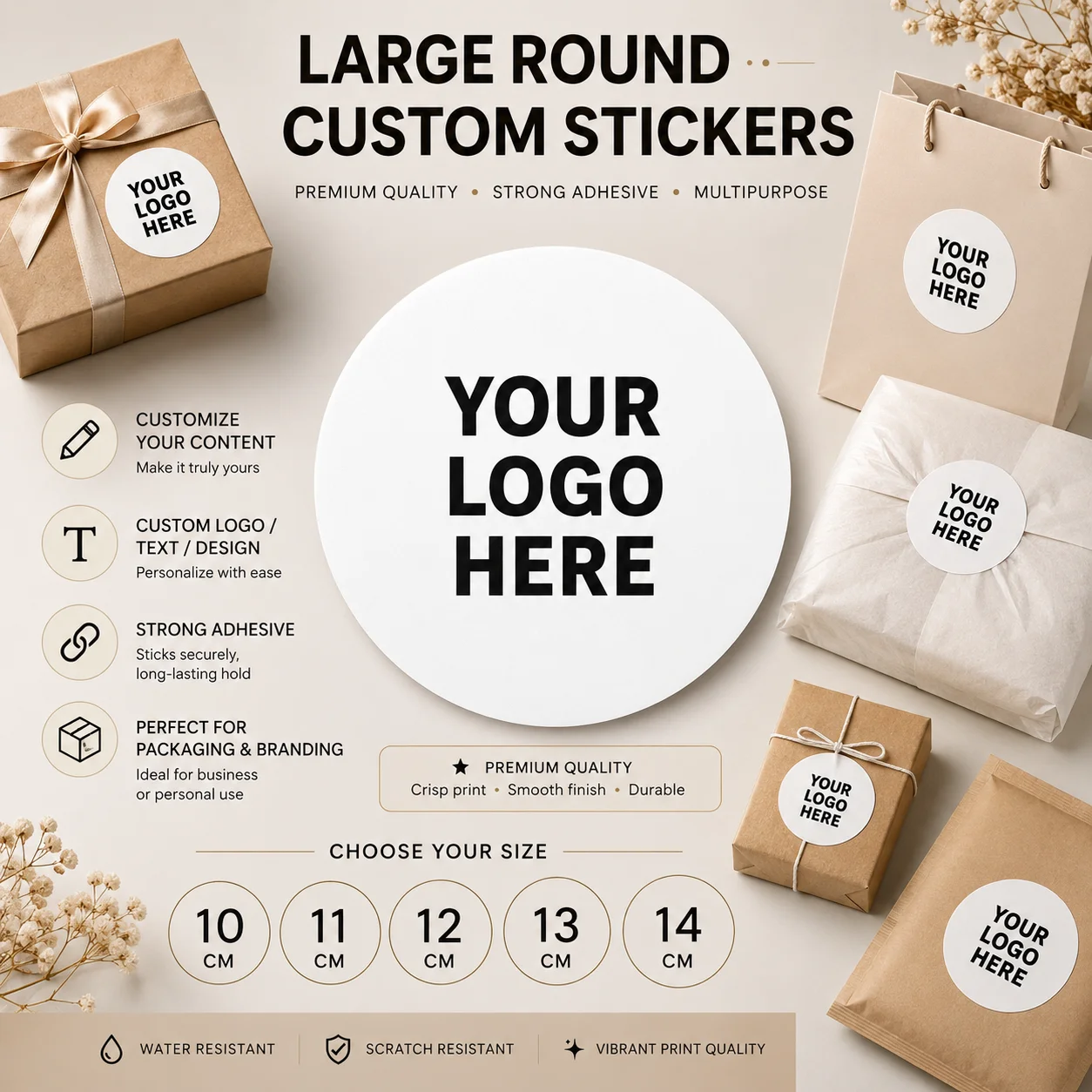 Customized Large-Sized Round Stickers 10–14cm, Personalized Logo Text and Graphic Adhesive Labels, Suitable for Gift Boxes, Shopping Bags, Envelopes, Packaging Seals, Brand Identification, and Business Promotion