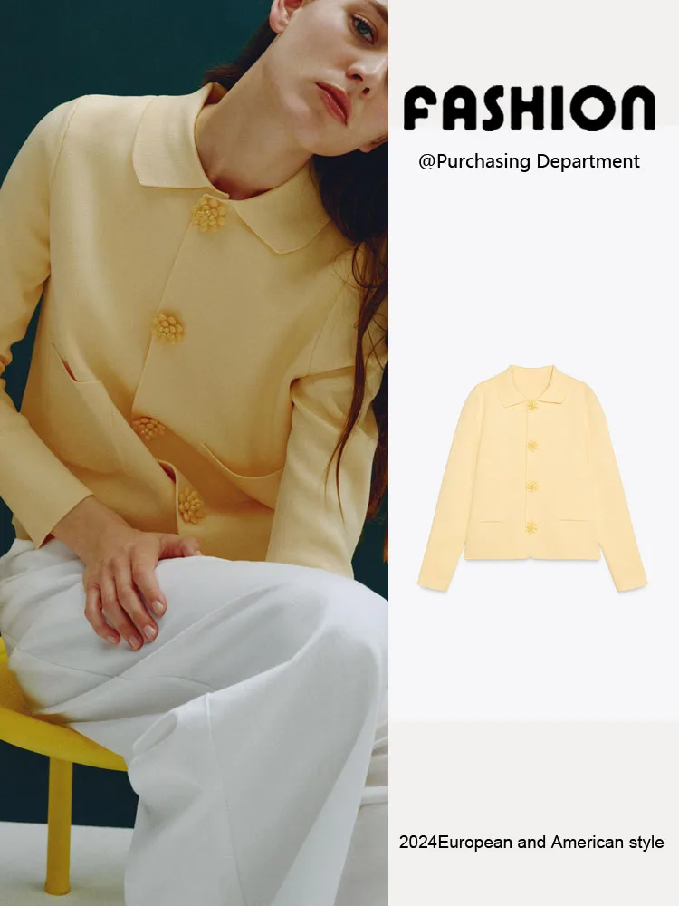 

Spring 2025 New Women's Versatile Beaded Button Decorated Collar Long Sve Flat Needle Outerwear Commute Sle Other 00%