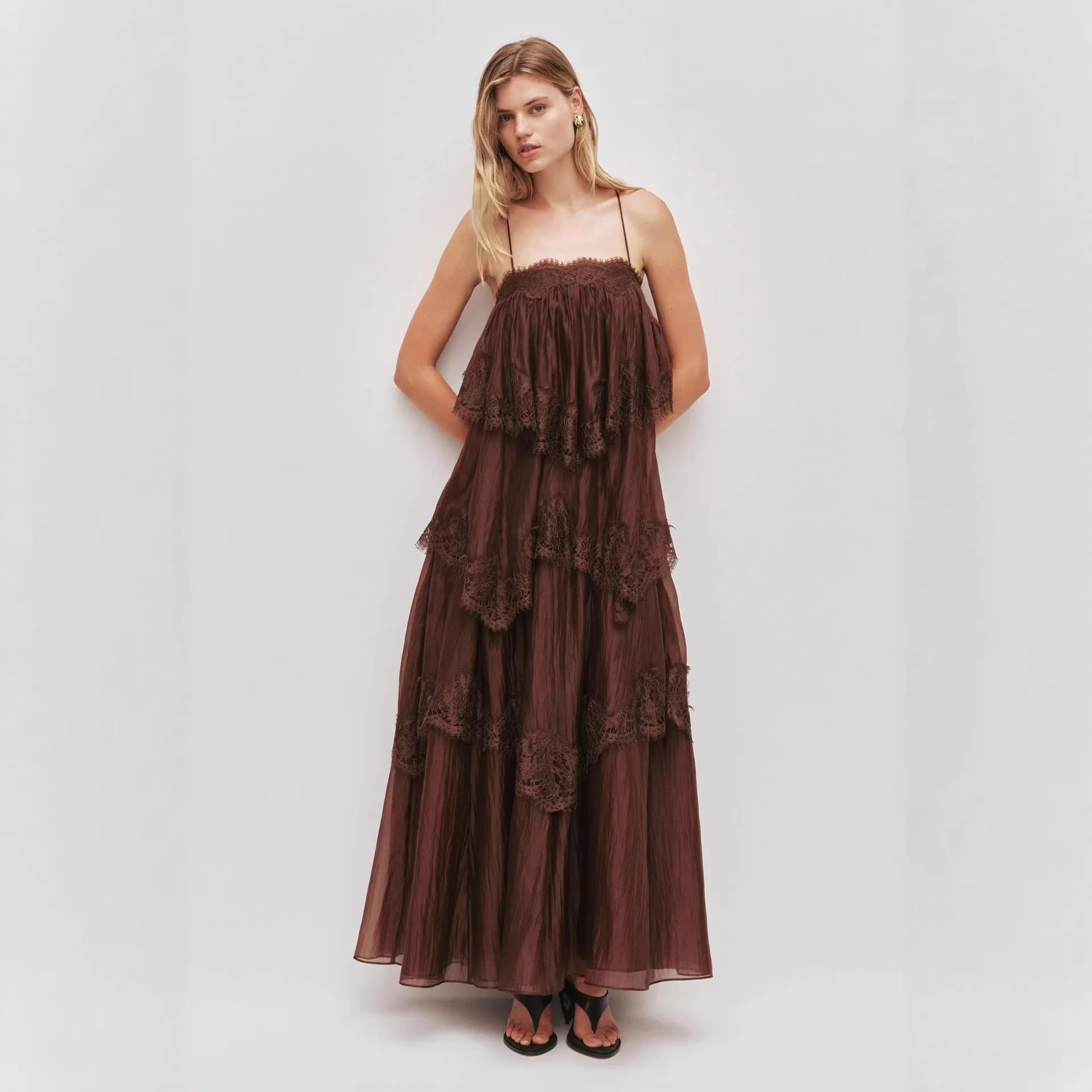 Women's Lace Tiered Maxi Dress, Spaghetti Strap Ruffle Layered Dress, Crinkle Fabric Bohemian Style Evening Dress
