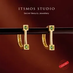 ITSMOS s925 Sterling Silver Hoop Earrings 14k-gold Plated Green Zircon Studs Earrings Vintage Fashion for Women Fine Jewelry