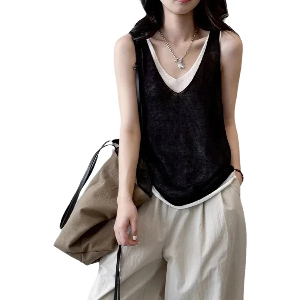 

2025 Summer Fashion New Fake Two-piece Knit Tank Tops for Women V-neck Shoulder Top Women Clothing Sweater Vest Pullover Tops