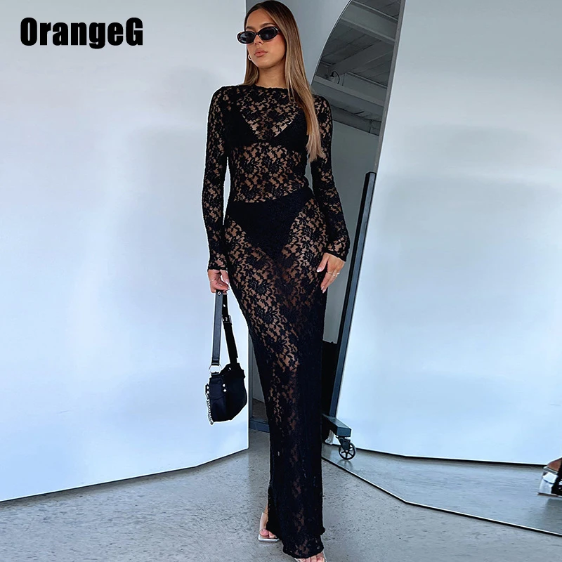 OrangeG-Vestido largo recto de encaje transparente para mujer, ropa de Club Sexy de manga larga con cuello redondo, ropa de medianoche, prendas de vestir transparentes 2024