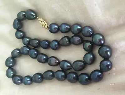 9-10mm baroque tahitian black green pearl necklace 18inch