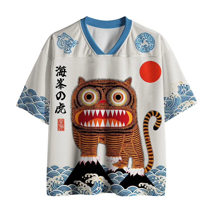 T-shirt rétro Ukiyo-e Haifeng Tiger Waves Red Sun imprimé en 3D à manches courtes, respirant, col en V, ample, pour hommes et femmes, streetwear et sport