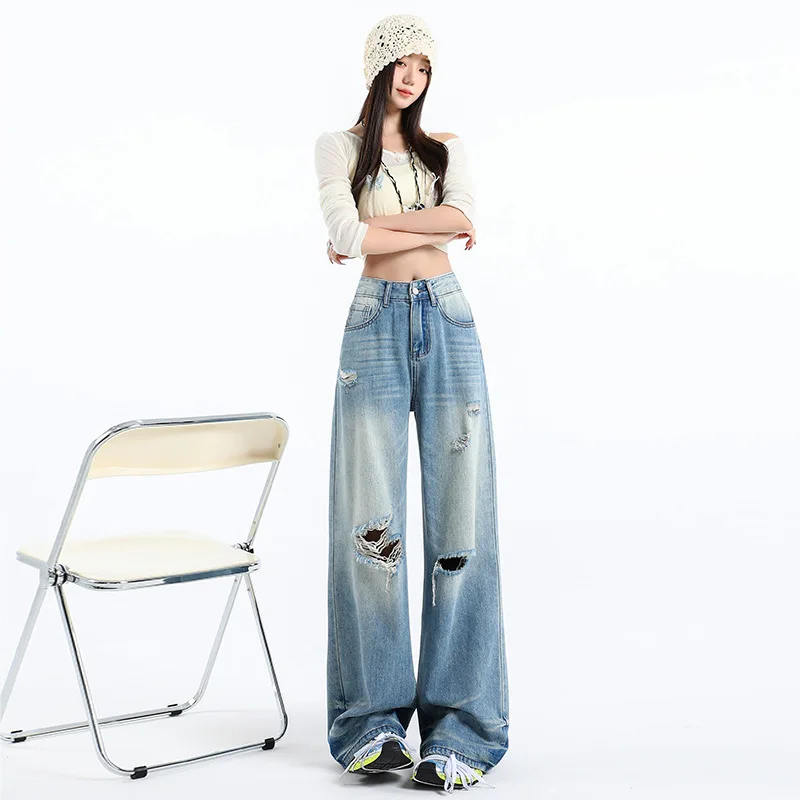 

High Street Wide-Legged Loose Straight Hole Jeans Women Casual Breathable Drape Pants High-Waisted Dragging Pants Casual Pants