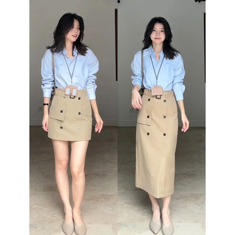

Ele Slim Fit Long Sve 00% Cotton irt Versatile Top Women's Workwear A-Line Skirt Casual Sle Summer Faion Set
