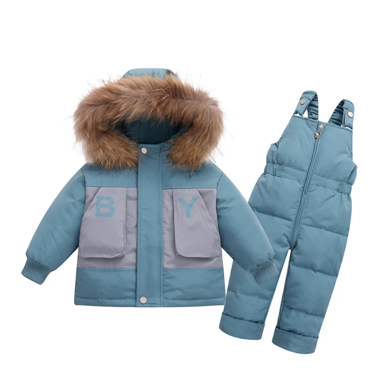 

European and Korean Fashion White Duck Down Boys Winter Coat with Removable Overalls and Real Fur Collar