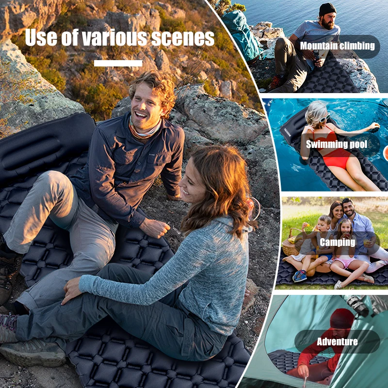 PACOONE Outdoor camping sleeping pad inflatable mattress with pillow foldable ultra-light air cushion waterproof travel hiking