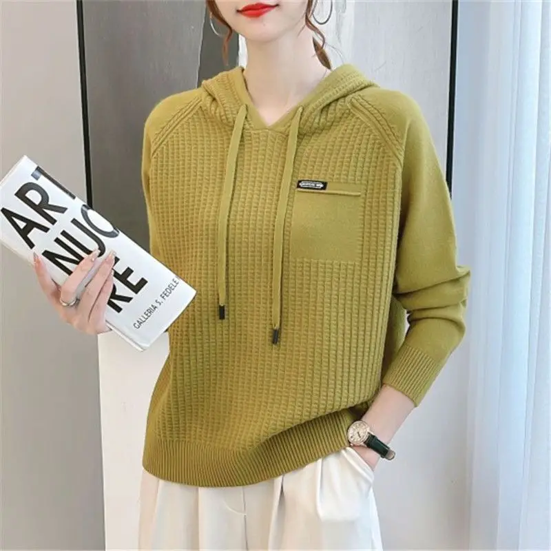 Simplicity Commuter Versatile Women\'s Clothing Autumn and Winter New Thread Drawstring Long Sleeve Solid Color Hooded Sweater