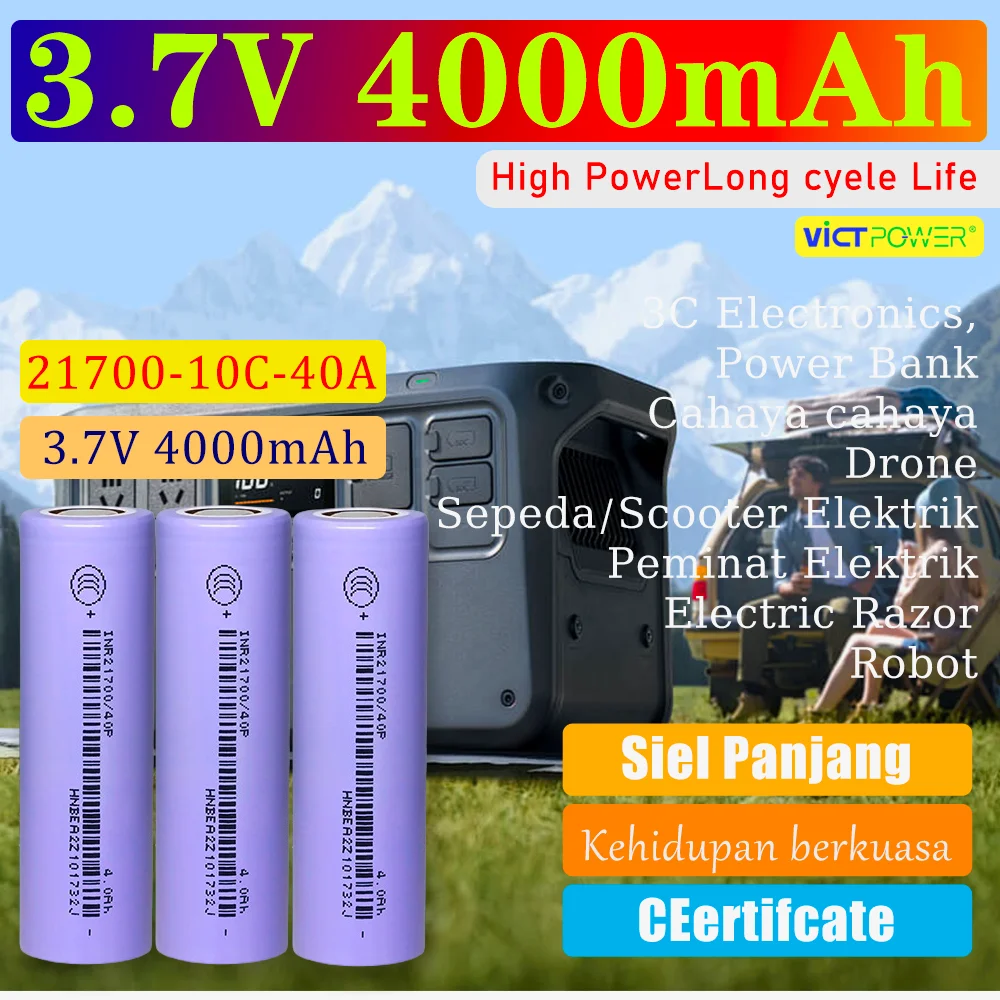 

100pcs Victpower high rate cell 1000 times long life Rechargeable lithium-ion Battery INR21700 40P 4000mAh Battery 3.7V 10C 40A