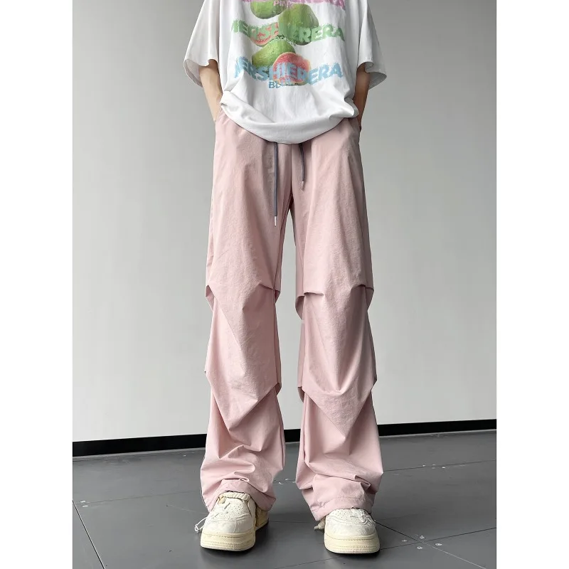 

EBAIHUI Pink Paratrooper Pants Summer Thin Ice Silk Men's Work Pants American Retro Solid Color Handsome Sports Pants